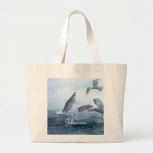 Bolsa Tote Grande Voo de gaivotas sobre o mar