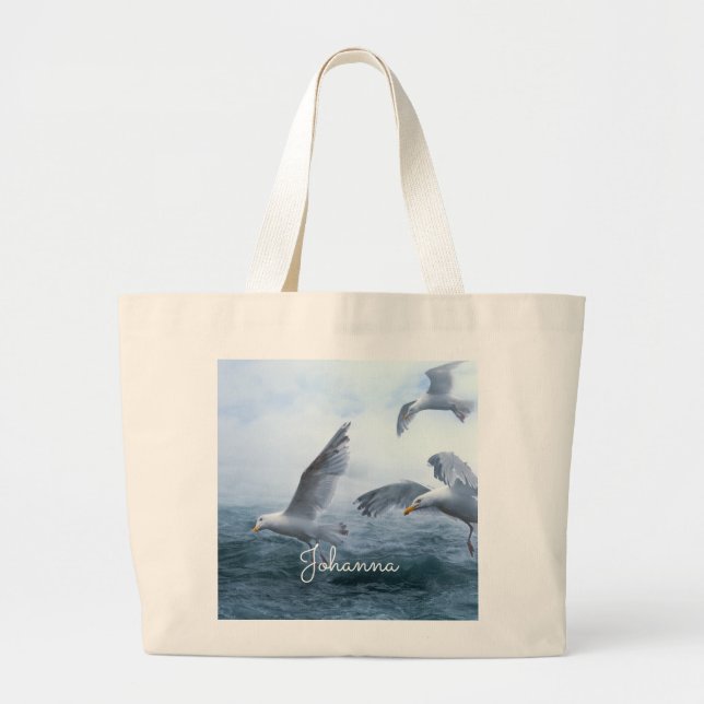 Bolsa Tote Grande Voo de gaivotas sobre o mar (Frente)