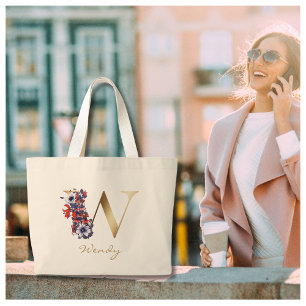 Bolsa Tote Grande W - Letra Dourada Monograma Vermelho Púrpura Flora