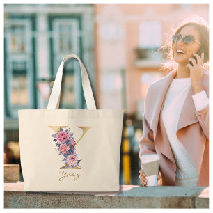 Bolsa Tote Grande Y - Letra Dourada Monograma Azul Rosa