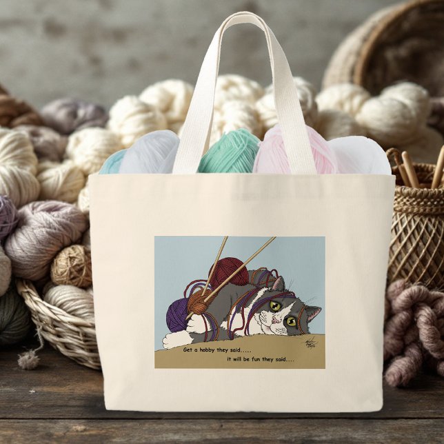 Bolsa Tote Grande Yarn Knitting Engraçado Cat (Criador carregado)