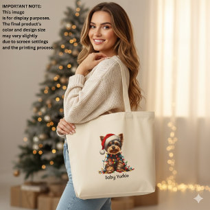 Bolsa Tote Grande Yorkshire Terrier no Chapéu de Papai Noel