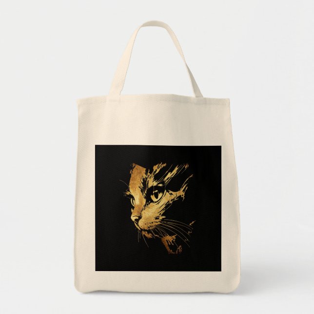 Bolsa Tote Graphique Élégant Chat Noir et Or Texturé (Frente)