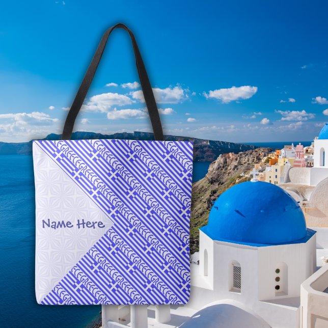 Bolsa Tote Grécia Bandeira Grega Azulexagonal Personalizada  (Personalized tote bag with tiled design of the Greek flag with the word GREECE below. )