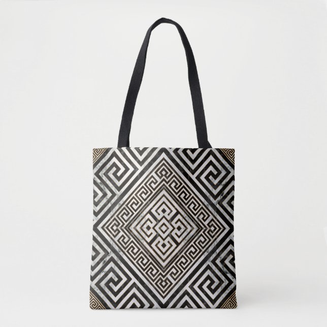 Bolsa Tote Greek Meander - Greek Key Black and White Marble (Frente)