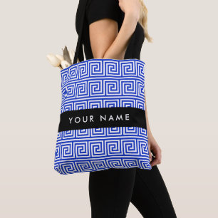 Bolsa Tote Greek Meander Key Azul, Seu Nome, Personalizar