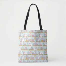 Bolsa Tote Green Cats Library Cute Girl Pastel Reader Mint