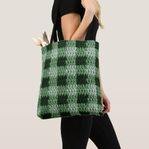Bolsa Tote Green Shades Gingham Xadrez Artisan Crochet Impres