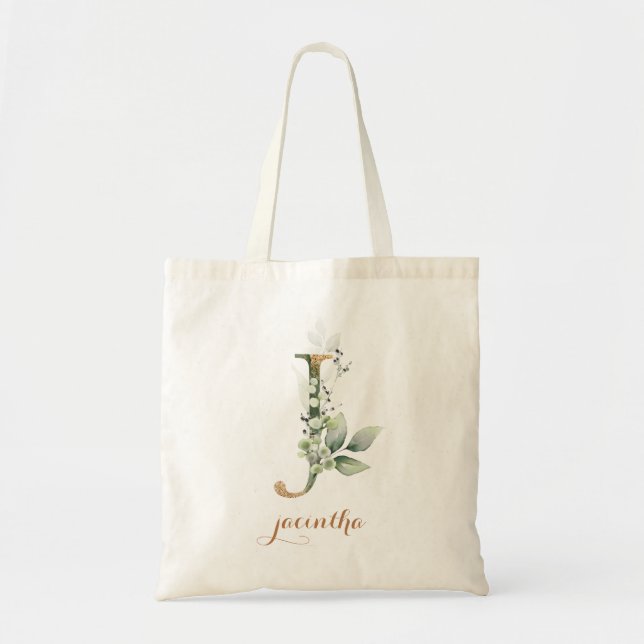 Bolsa Tote Greenery Dourado Foliage Personalizado Leaf Carta  (Frente)