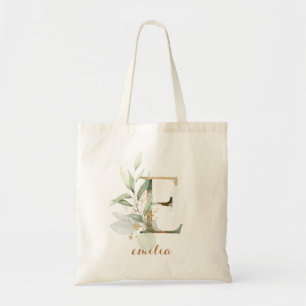 Bolsa Tote Greenery Dourado Foliage Personalizado - Letra "E"