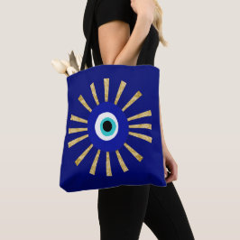 Bolsa Tote Grego - Símbolo de Olho no Dourado Sunburst Indigo