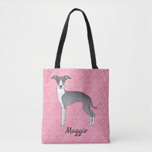 Bolsa Tote Greyhound Italiano Azul E Branco Em Corações Rosa