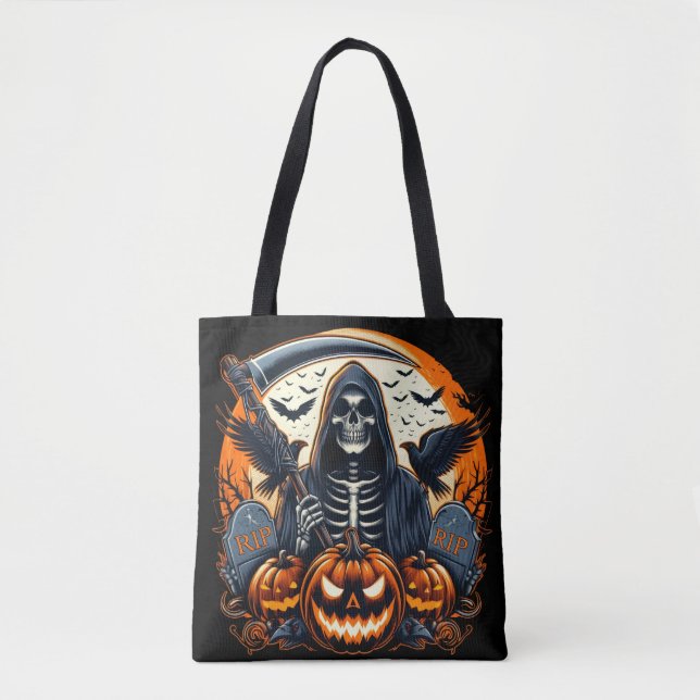 Bolsa Tote Grim Reaper Graveyard Spooky Pumpkins Halloween (Frente)