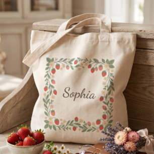 Bolsa Tote Grinalda de Morango Cottagecore com Nome Personali
