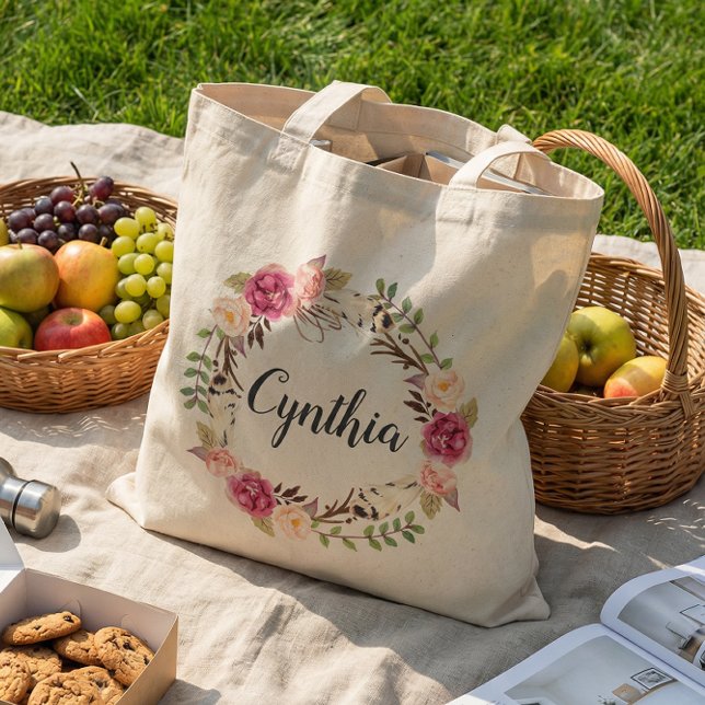 Bolsa Tote Grinalda Floral Boho Pena Rústica Damas de Honra (Criador carregado)