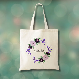 Bolsa Tote Grinalda Floral de Dália Desenhada à Mão com Nome 