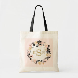 Bolsa Tote Grinalda floral Dourado preta cor-de-rosa do