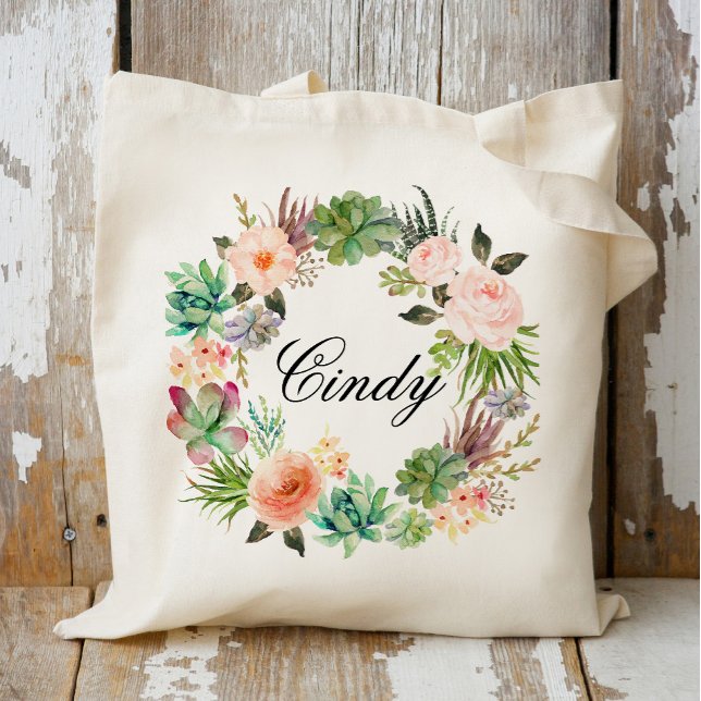 Bolsa Tote Grinalda Floral Personalizada Dama de Honra, Bem-v (Criador carregado)