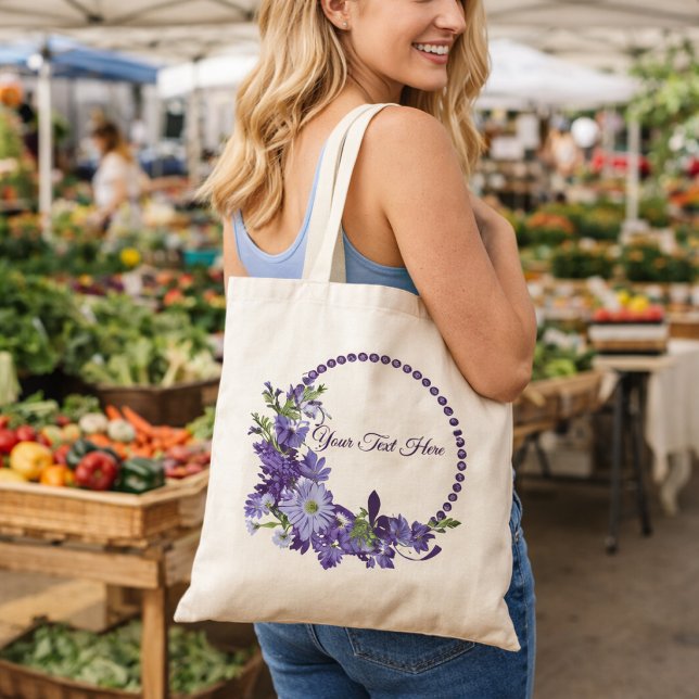 Bolsa Tote Grinalda Floral Roxa | Texto Personalizado Flor de (Criador carregado)