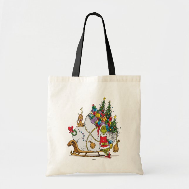 Bolsa Tote Grinch Clássico | Grinch & Max com Trenó (Frente)
