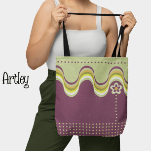 Bolsa Tote Groovó Verde Roxo Moderno Floral Geométrico