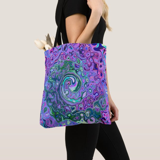 Bolsa Tote Groovy Abstrato Retro Redemoinho Verde e Roxo (Close Up)