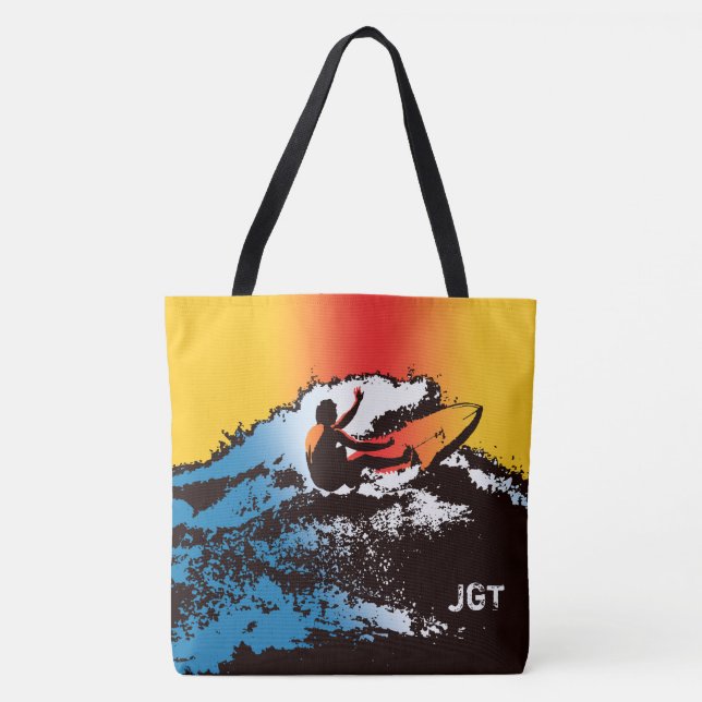 Bolsa Tote Groovy Hawaiian Surfer 60s Retro MonogramaBeach Ba (Frente)