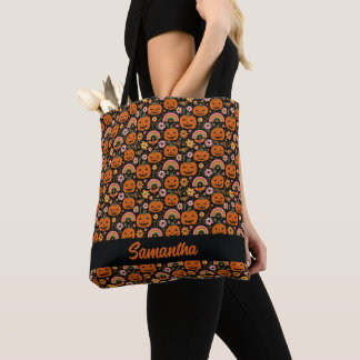 Bolsa Tote Groovy Pumpkin e Rainbow Halloween Floral