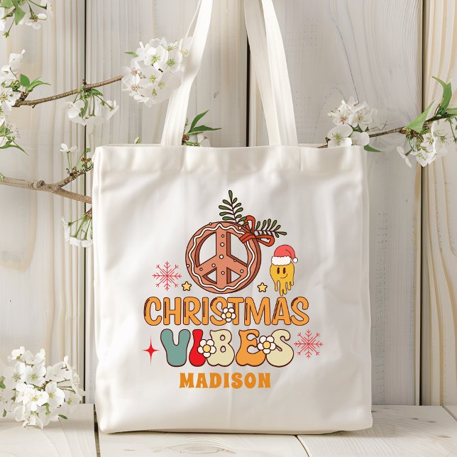 Bolsa Tote Groovy Retro Christmas Vibes Peace Sign Name (Criador carregado)