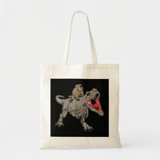 Bolsa Tote Groundhog Riding T-Rex Dinossaur - Groundhog Hog D (Frente)