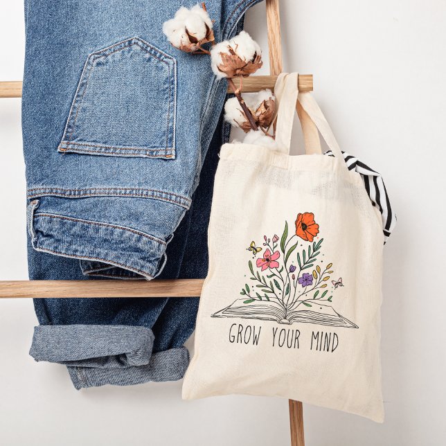 Bolsa Tote Grow your mind Boho Wildflower and book (Criador carregado)
