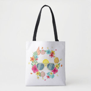 Bolsa Tote Guarda-sol de Coroa Floral Tropical em Tela Branca