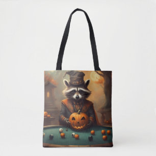 Bolsa Tote Guaxinim do Halloween joga sinuca com maçãs globos
