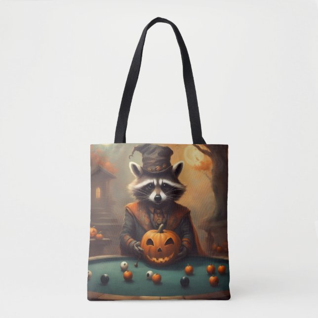 Bolsa Tote Guaxinim do Halloween joga sinuca com maçãs globos (Frente)