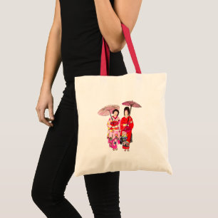 Bolsa Tote Gueixa bonito japonesa com quimono cor-de-rosa