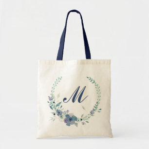Bolsa Tote Guirlanda de água-forte floral azul monograma