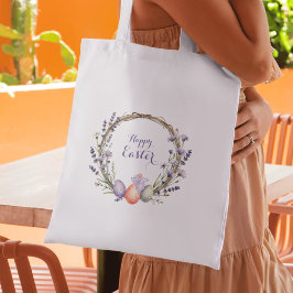 Bolsa Tote Guirlanda de Páscoa em aquarela lavanda ovos coelh