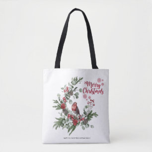 Bolsa Tote Guirlanda de Pássaro Cardinal Vermelho em Aquarela