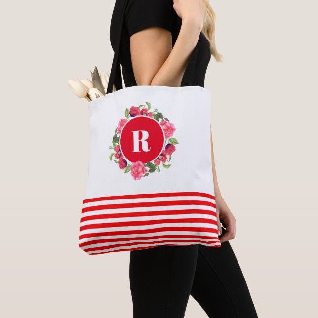 Bolsa Tote Guirlanda Floral em Círculo Vermelho e Rosa em Aqu (Close Up)