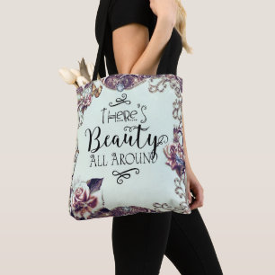 Bolsa Tote Há Beleza por Todos os Lugares Borboletas & Rosas