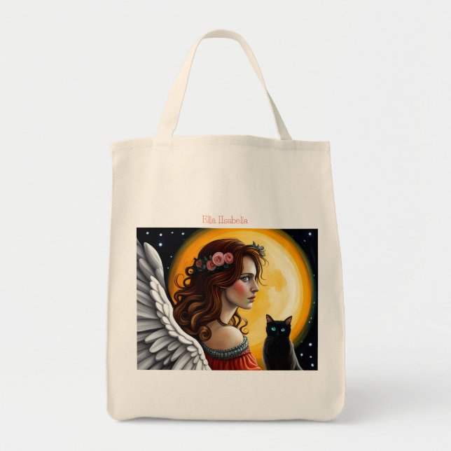 Bolsa Tote Halloween Angel e gato preto (Frente)