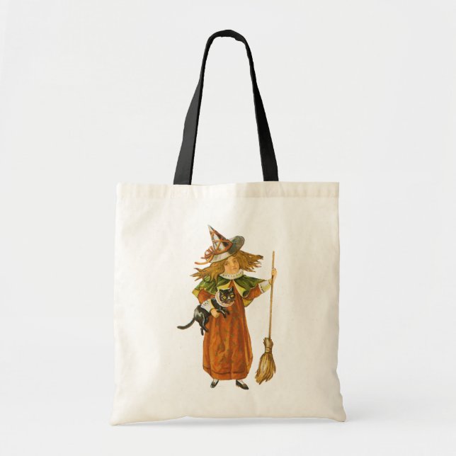 Bolsa Tote Halloween antigo, bruxa com gato preto (Frente)