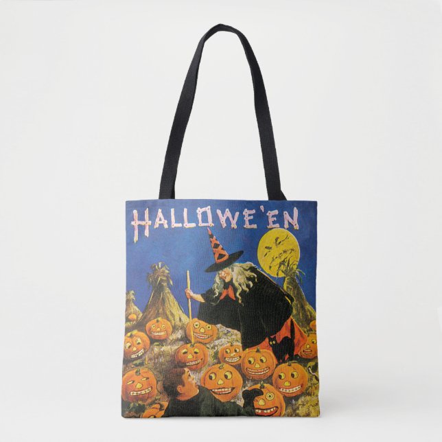 Bolsa Tote Halloween antigo, Bruxa e Pumpkins (Frente)