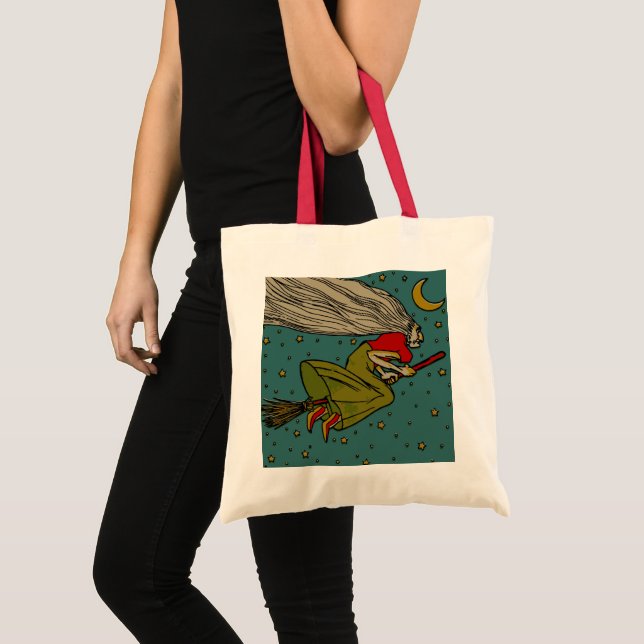 Bolsa Tote Halloween Antigo, Bruxa Má Voadora em Vassoura (Frente (produto))