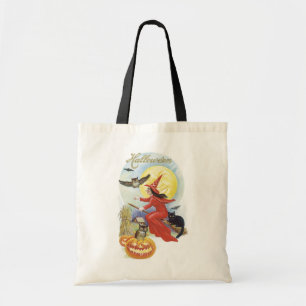 Bolsa Tote Halloween Antigo, Bruxa Voadora com um Gato Preto