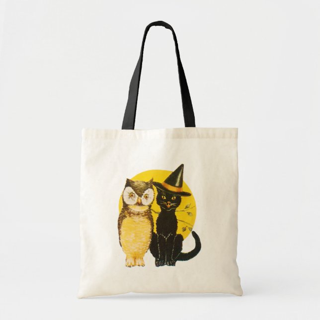 Bolsa Tote Halloween antigo, gato preto e coruja (Frente)
