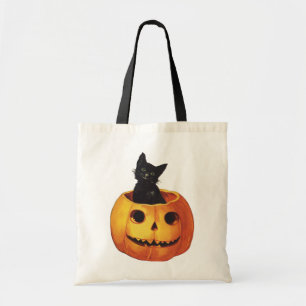 Bolsa Tote Halloween Antigo, Gato Preto Fofo em uma Abóbora