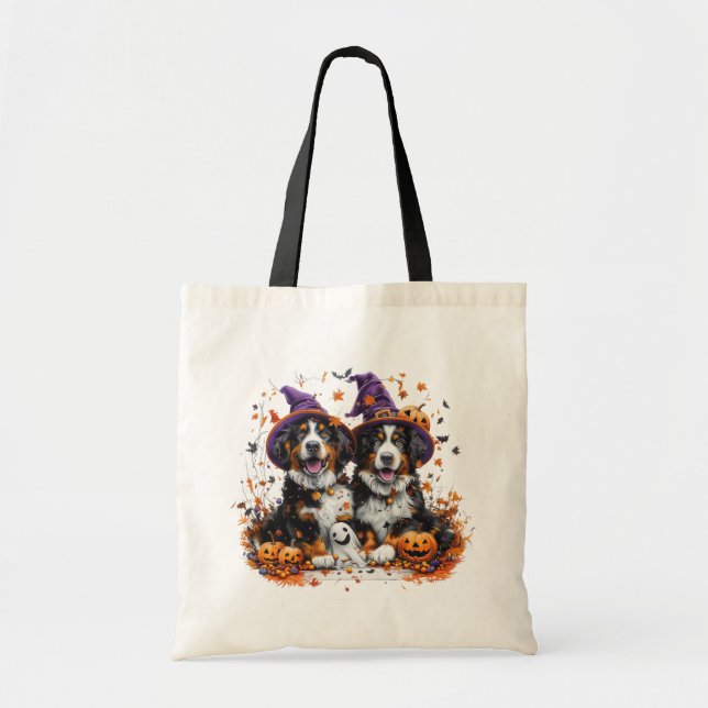 Bolsa Tote Halloween Bernese Mountain Dogs Witch Ghost (Frente)