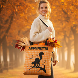 Bolsa Tote Halloween Black Cat on Tree Orange Gingham Plaid