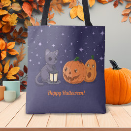 Bolsa Tote Halloween Black Cat Pumpkins Lantern Purple
